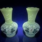 Pair Vtg Victorian Satin Camphor Glass Vases Uv 365 Glow Hand Painted 7 