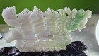 Chinese Carved Green  Lavender Burmese Jade Dragon Boat On Wooden Stand