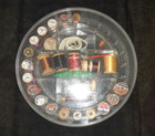 Vintage Round Thread Box Sewing Caddy Filled With 23 Wood Spools Other Supplies