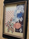 Vtg  Framed Wood Needlepoint Cat W potted Plant etc    