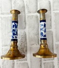 Vintage Solid Brass Blue   White Porcelain Candlestick Holders 7 3 8  Set Of 2
