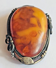 Antique Russian Baltic Amber Oval Sterling Silver Brooch Pin Large