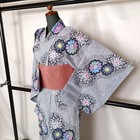 Indigo Dyed Kimono Yukata Robe Obi Set Iris Flower Drawn With Dots 9730