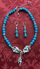 Silver Tone Blue Round Glass Bead Necklace And Dangle Earrings Jewelry Set