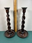 Pair Of 12 Inch Antique English Oak   Brass Barley Twist Candlesticks