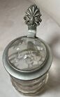 Antique 19th Century Etched Clear Glass Pewter German Lidded Beer Stein Mug