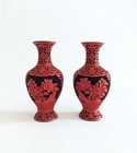 Pair Vintage Chinese Carved Cinnabar Vases 6  Black Red Lacquer Brass Bud Vase