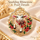 Lamb Brooch Pin Pearl Rhinestone Gold Tone Sheep Christmas Holiday Jewelry Gift
