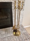 Vintage Brass Cast Metal Heavy 16 Lb 5-pc Fireplace Tool   Stand Set 32    Tall
