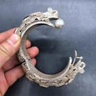 Green Jade Inlaid Tibetan Silver Bracelet Chinese Old Dragon Head Bracelet