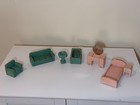 Vintage Primitive Wooden Dollhouse Furniture Lot 7pc Pink   Green Folk Art 1940s