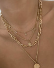 Triple Multi Layer Chain Circle Pendant Necklace Gold Tone Layered Strand