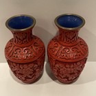 Pair Vtg 5    Carved Red Cinnabar Lacquer Blue Enamel Vase Chinese China Floral