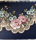 Vtg Navy Blue Floral Wallpaper Border Ecru Lace Pink Florals 6 Rolls 4yds Ea