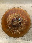 Unmarked Amber Iridescent Carnival Glass Turkey Plate Round Scalloped Edge