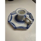 Antique Blue White Porcelain Chamberstick Candle Holder Finger Handle Octagonal