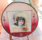 Antique Vtg Round Glass Flue Cover Victorian Little Girl Child Cherry Basket
