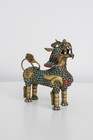 Antique Tibetan Brass Kylin Foo Dog With Turquoise And Coral Inlays - 11x14cm
