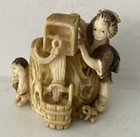 Woman Pouring Water From Well Bucket W child   Frog Netsuke Carved - Chipped