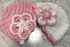 Handmade Crochet Baby Hats 0-3 Months Newborn Soft White Pink Flower Girls
