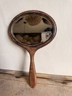 Antique Hand Held Mirror Looking Glass Patina Wooden Frame Beveled