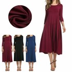 Women Long Sleeve Shirt Long Maxi Dress Casual Flared Swing Skater Midi Dress