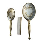 Vintage Nos Vanity Set Hand Mirror Comb Brush Gold Tone Floral Design Boudoir
