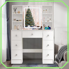 Modern Dressing Table With 7 Drawers And Led Lighted Mirror Dresser Desk White