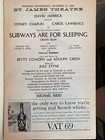 Rare Opening Night 1962 Broadway Musical Playbill  subways Are For Sleeping 