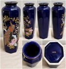 Vintage Japan Cobalt Blue Porcelain Vase Peacock Floral Gold Trim Octagonal
