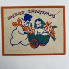 Vintage Mid Century Christmas Greeting Card Snowman Snow Lady Couple Flower Cart