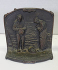 Vintage Cast Iron Brass Bronze Plated Farmer Peasant Prayer Bookends Book Holder