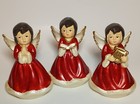 Vintage Christmas Trio Of Iridescent Painted Burnette Angels Red Dresses Wings