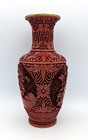 Large Vintage Red Cinnabar Hand Carved Chinese Vase  Chrysanthemum Theme  10 h