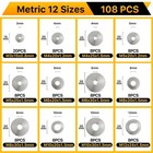 108pcs 304 Stainless Steel Flat Washers  Fender Washers Assortment Kit 12 Sizes