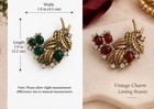 Vintage Gold Leaf Brooch Red Green Rhinestone Floral Statement Pin Jewelry