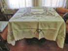 Vtg Tablecloth 82    12 Napkins Beige Linen Handmade Lace   Embroidery Floral