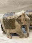 Vintage Hand-carved Wooden Elephant Figurine With Copper Brass Decor Set Of 3