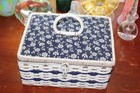 Vintage 1960s Singer Sewing Basket Box Woven Blue Floral Lid Mcm Made In Japan