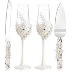 Champagne Flutes Cake Knife Server Set Wedding Gift Pearl Design Toasting New