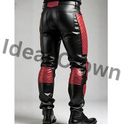Men   s Real Cowhide Leather Biker Pants Black Slim Fit Red Quilted Pant-all Sizes