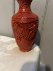 Vintage Chinese Carved Cinnabar On Brass Blue Enamel 6    Vase Trees Nice 