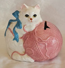 Pair 2 Enesco  Cat Kitten Banks - Vintage Ceramic White Cats With Pink Yarn