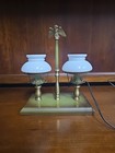 Vintage Brass Double Arm Student Library Table desk Lamp Milk Glass Shades Eagle