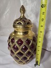 Vintage Brass Ruby Red Caged Glass Ginger Jar Covered Urn Canister India 11 5 
