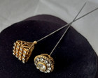 2 Antique Victorian Gold Plated Filigree Clear Rhinestones Hatpin