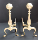 Vintage Brass   Cast Iron Cannonball Claw Foot Fireplace Andirons Early 1900 s