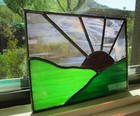 Handcrafted Sunset Over Green Hills Hanging Lead Stained Glass 10  X 8 