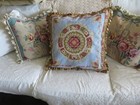 Aubusson Robin seggblue W Roses Uniquepattern Petit Point Needlepoint Pillow   2