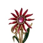 Vintage Flower Red Green Enamel Pink Cabochon Crystal Large Brooch Pin  Coro